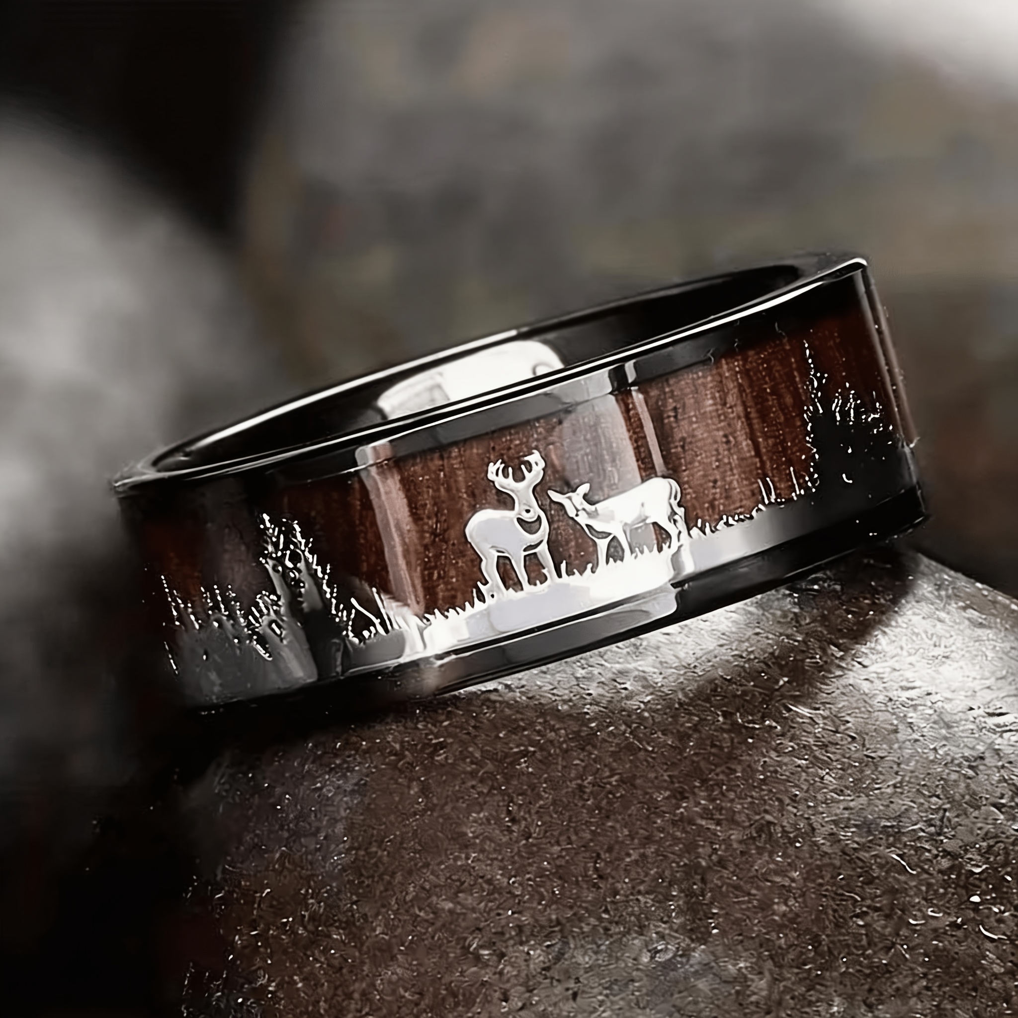 A Stylish 8Mm Tungsten Ring for Men, Featuring a Deer Design, Ideal As a Promise Ring for Wildlife Lovers. This Deer Silhouette Ring Makes a Great Gift for Christmas, Valentine'S Day, Boyfriends, Or Husbands
