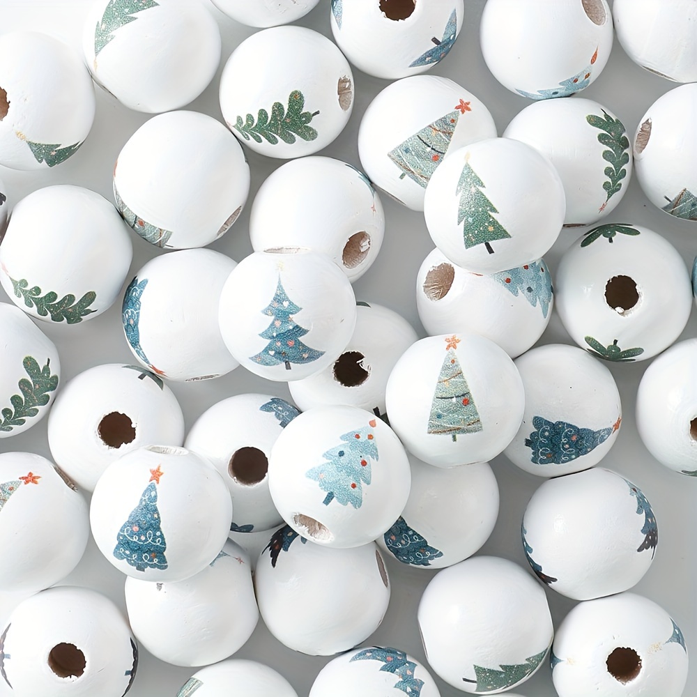 Image of 10pcs 16mm Christmas Wooden Beads Random Mix Christmas Tree Pattern Loose Spacer Beads For Holiday Christmas Jewelry Making Decoration