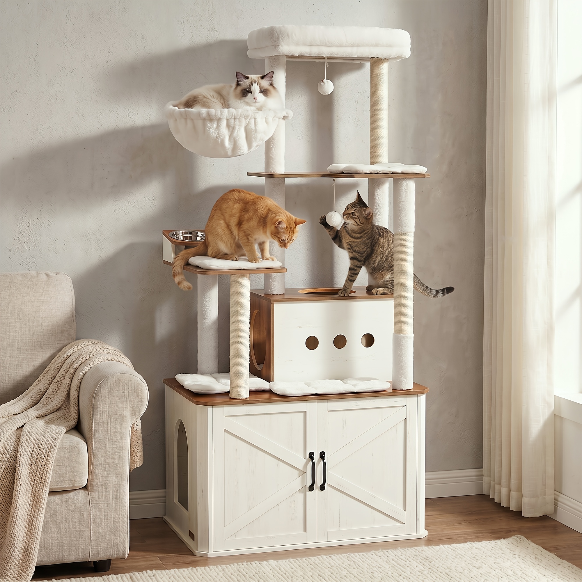 Image of Scratching Post, 170cm High, Multi-story Cat Tree, Large Cave, Lounging Basket, Scratching Posts, Plush Balls, Litter Box Cabinet, Honey Brown-vintage