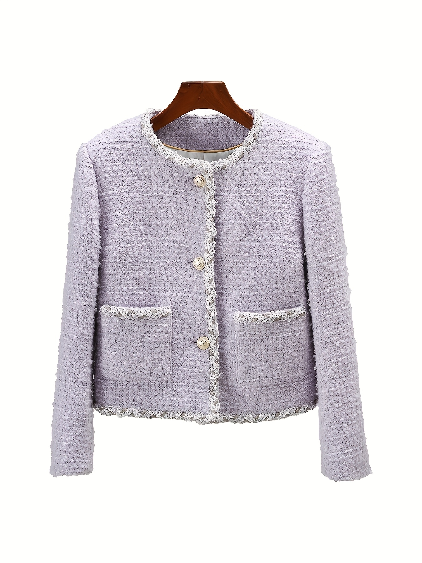 French-Inspired Lavender Purple Tweed Jacket with Fur Collar Women's  Long Sleeve Coat, 32% Wool, H-Silhouette Regular Fit, Button Front Closure