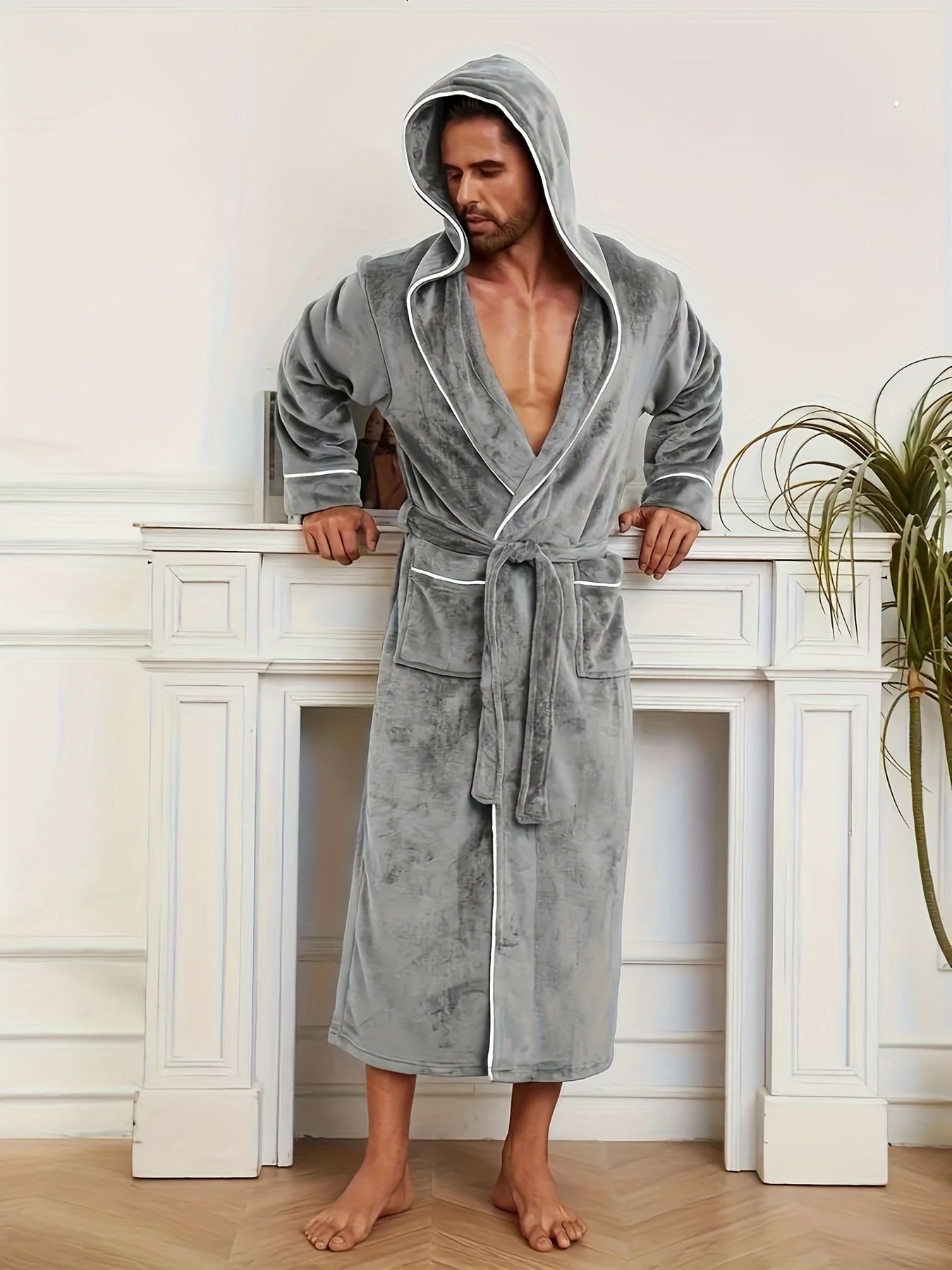 men's soft flannel hooded bathrobe long cozy comfortable Temu