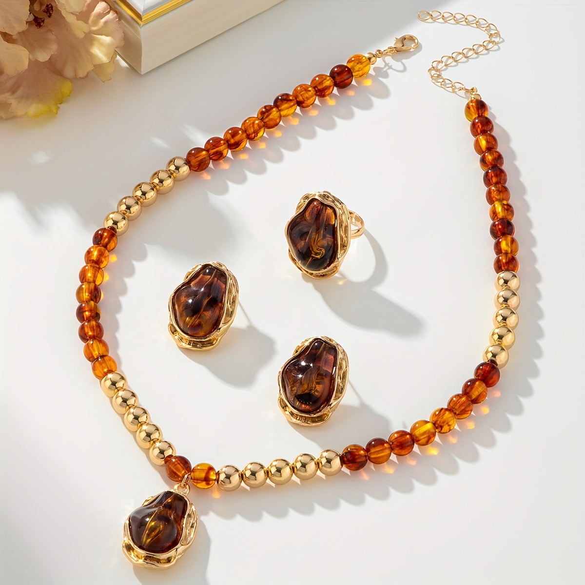 4pcs Retro Elegant Irregular Artificial Earrings Necklace Ring Set, Perfect For Women' Wear Party Gift