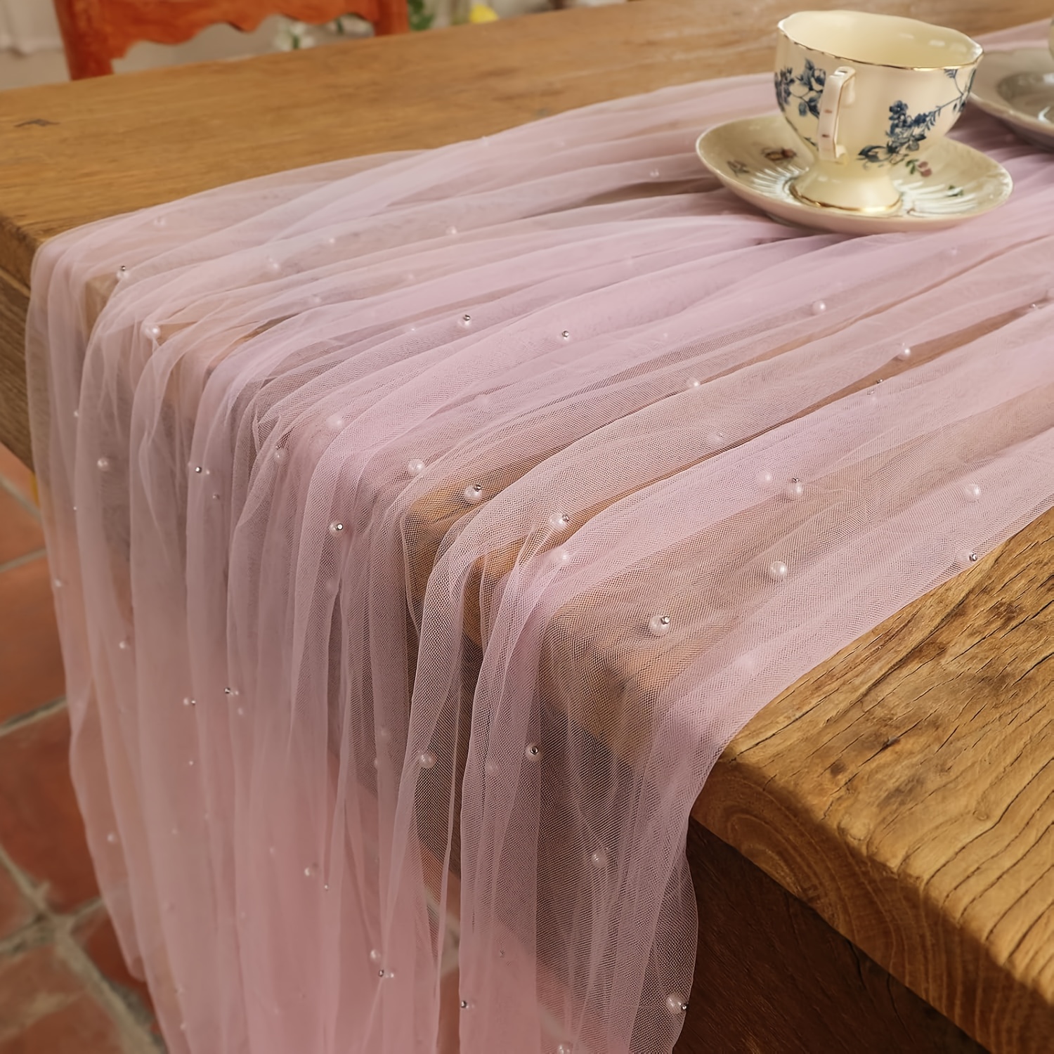 TEMU Nappe de Table en Dentelle de 10 Pieds avec Embellissements de Perles - Tissu en Tulle Chiffon de 29,5x120 Pouces, Design Élégant Rose et Blanc