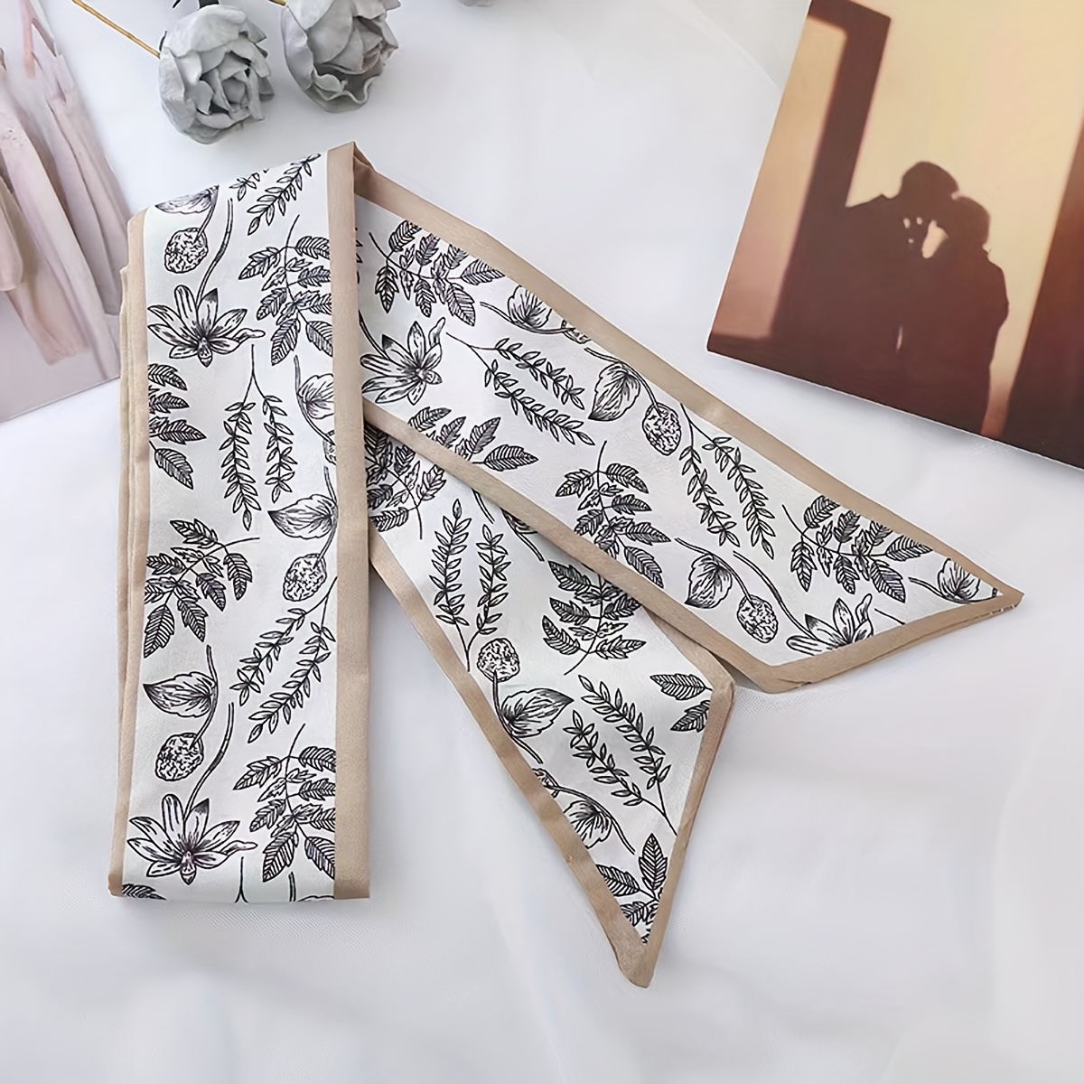 

1pc Elegant Ink Floral And Leaf Ladies Scarf Headband, Simple & Sophisticated Style, Women's Accessories