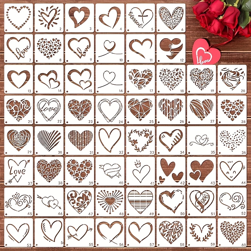 Image of 60pcs Reusable Heart Stencils For Painting, Love Heart Drawing Templates For Wood, Canvas, Wall Art, Diy Crafts & Wedding Decor - Includes Floral, Geometric, Love Text & Multiple Heart Designs