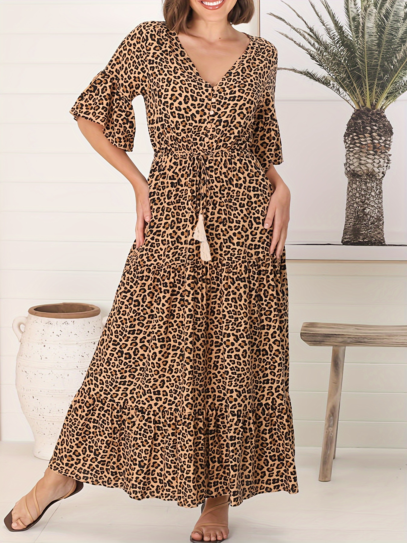 leopard print tie waist maxi dress elegant flared sleeve v Temu