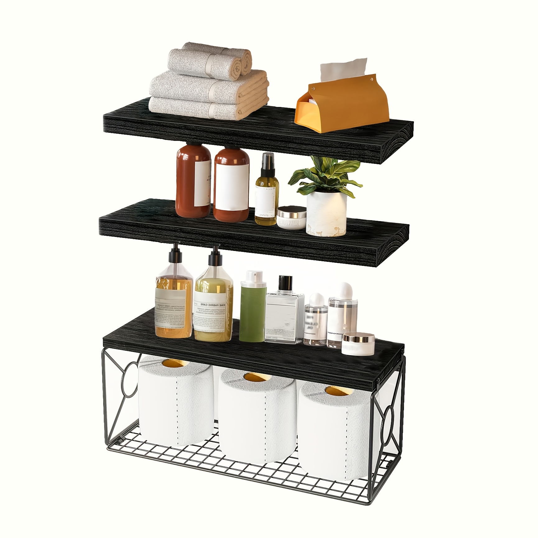 

Bathroom Shelves Over Toilet With Storage Basket, Floating Shelves Wall Shelves For For Bathroom, Bedroom, Living Room, Set Of 3, Shelves