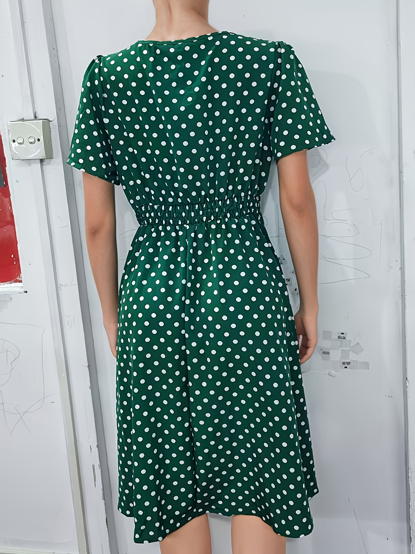 plus size dames elegante stippenprint jurk met elastische tailleband - marineblauw & witte geplooide details, potloodrok silhouet, machinewasbaar voor lente zomer herfst, seizoensmode,   kleding, ronde halslijn, niet-doorschijnende stof, comfortabele pasvorm 4