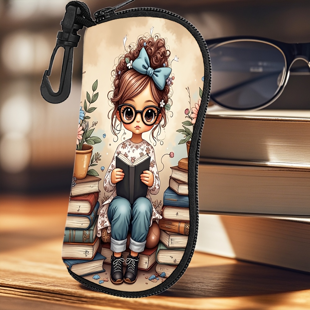TEMU 1 pièce, Étui à lunettes imprimé sur le thème Petite fille parmi les livres, Accessoire de voyage portable avec crochet, Convient aux hommes et