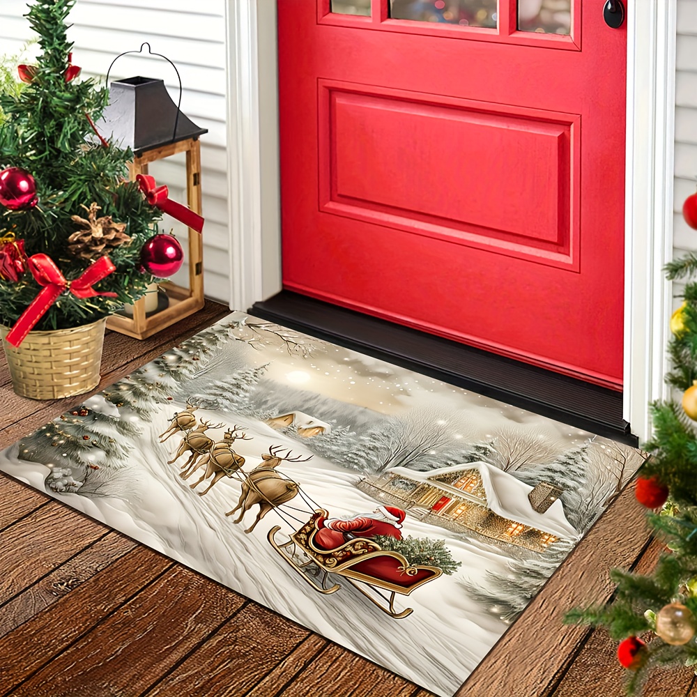 TEMU 1pc Alfombra de puerta navideña con diseño de Papá Noel, renos y en un paisaje para decoración del hogar
