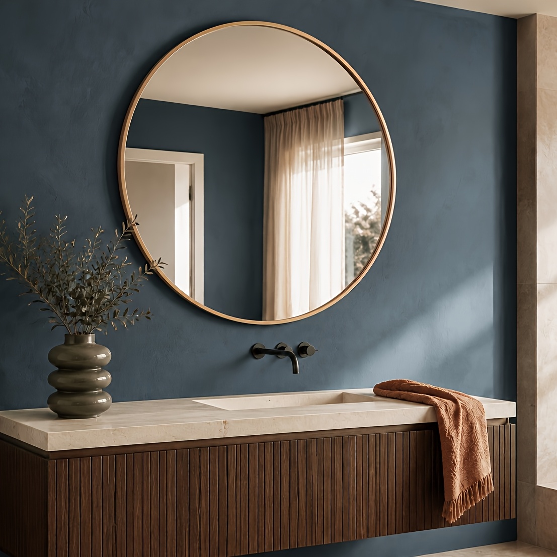 TEMU 80cm/90cm Round Wall Mirror, Golden Framed Bathroom Mirror With Tempered Safety Glass, Shatterproof Vanity Mirror For Wall, Hallway, Living Room