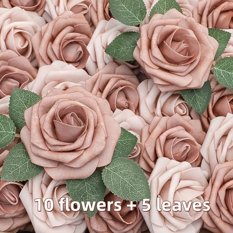 TEMU 15pcs Cinnamon-colored Artificial Flower Set, Foam Roses With Realistic Touch, Includes 10 Flowers And 5 Leaves, For Room Decor, Home Decor,