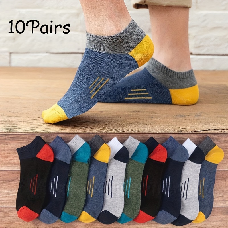 

10 Pairs Of Men's Color Block No Show Socks, Anti Odor & Sweat Absorbing Comfy Breathable Soft & Elastic Socks, Men's Hosiery