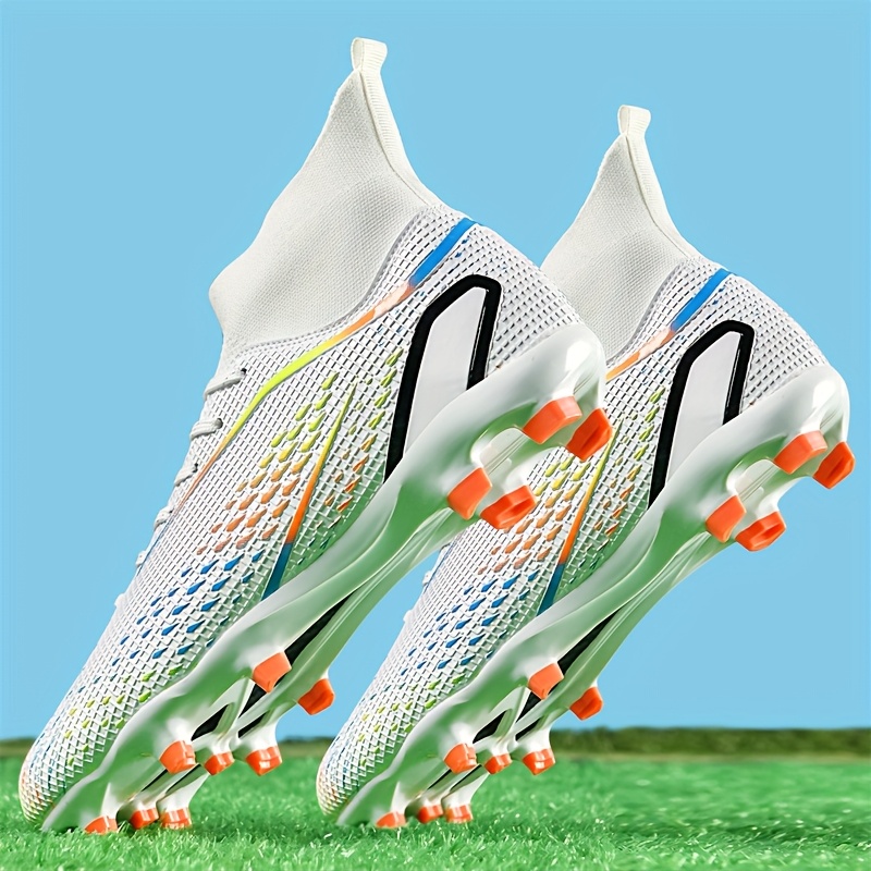 Zapatillas de Césped Artificial de Caña Alta para Hombre - Ligeras y Transpirables, con Suela Antideslizante, Diseño Degradado Blanco/Naranja. Adecuadas para Entrenamiento al Aire Libre y Partidos en Humedales, Zapatillas