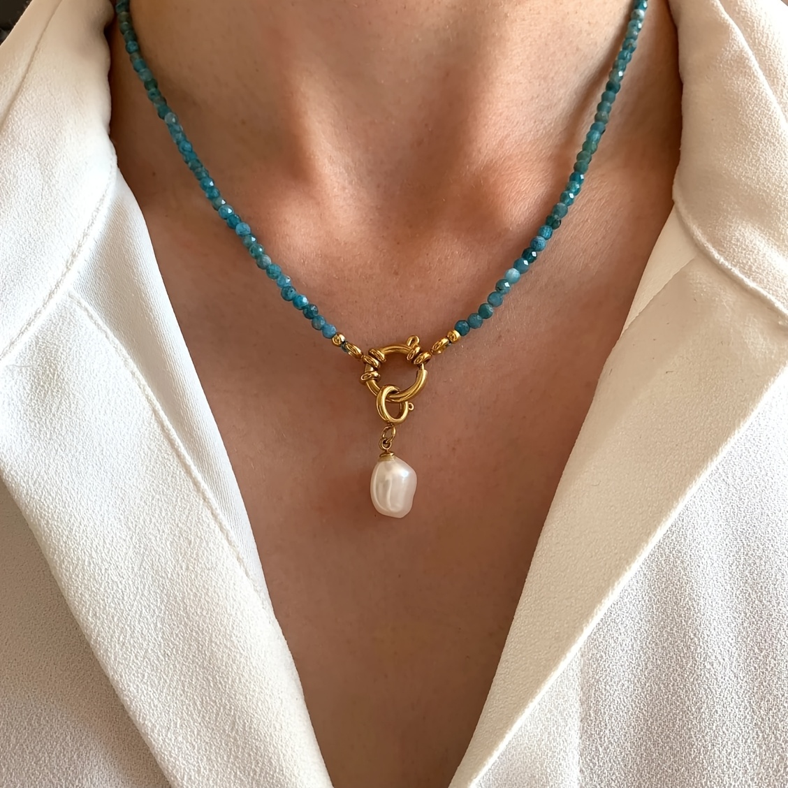 TEMU 1pc 3mm Minimalist Blue Apatite Hand-beaded Women's Stylish Artificial Pearl Pendant Necklace - Perfect Gift For…: retailer-supplied image