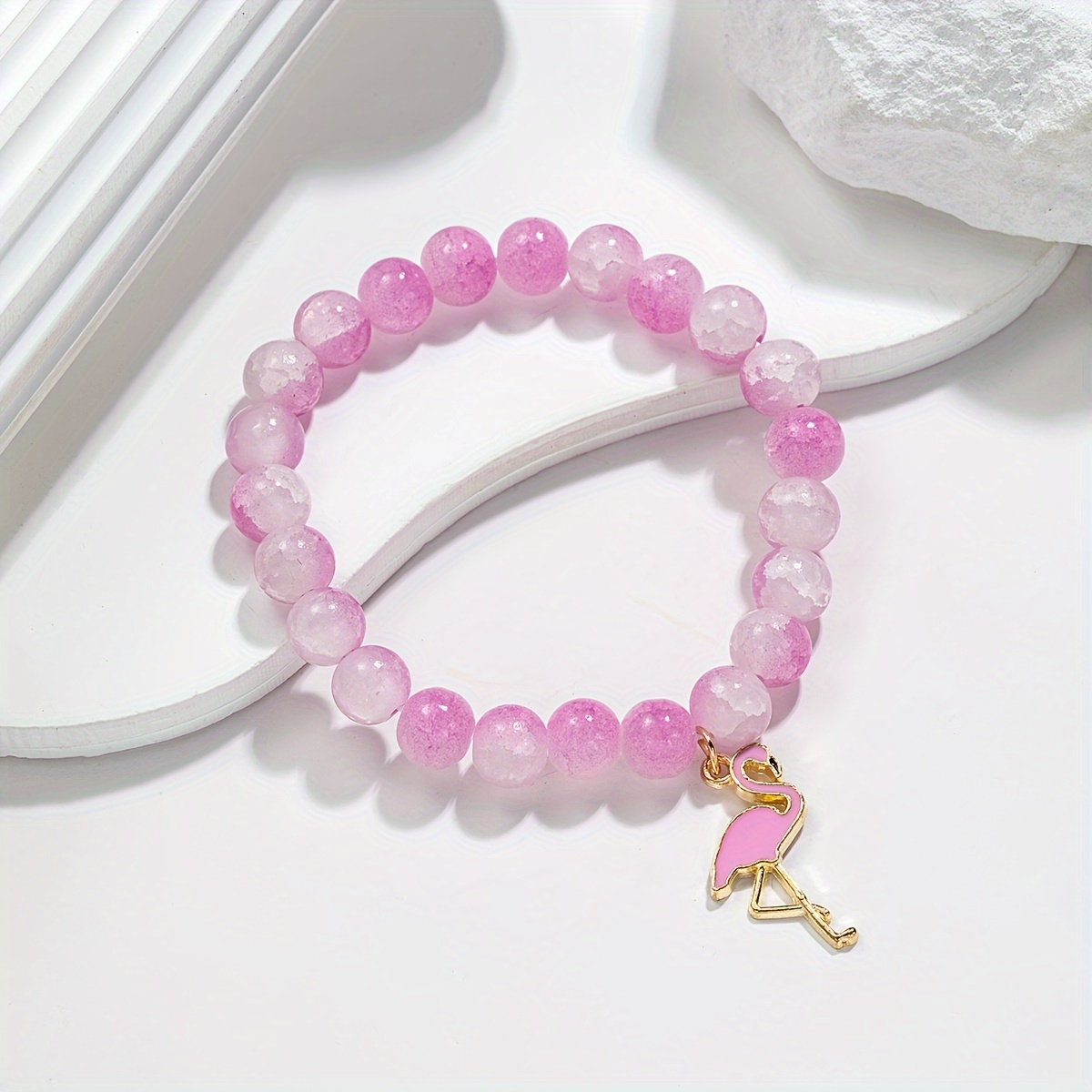 

Chic Pink Glass Bead Bracelet With Cute Enamel Flamingo Charm - Ideal Daily Accessory & Gift For Women, Flamingo Jewelry