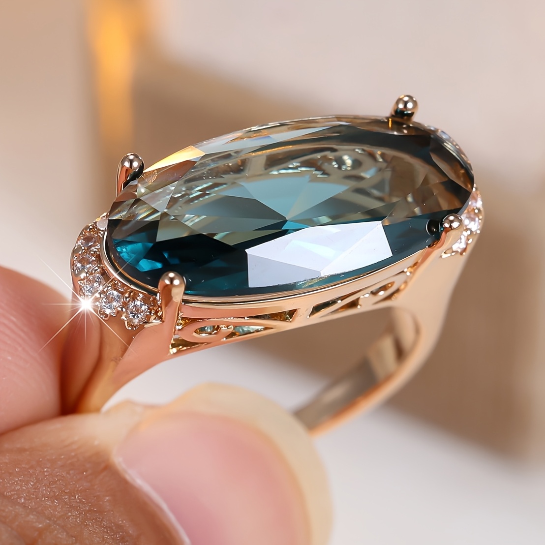 TEMU Angol 1pc Inlaid Egg-shaped Synthetic Cubic Synthetic Zirconia Sparkling Unisex Ring, Luxurious, Elegant, Fashionable, Simple, , Exquisite,