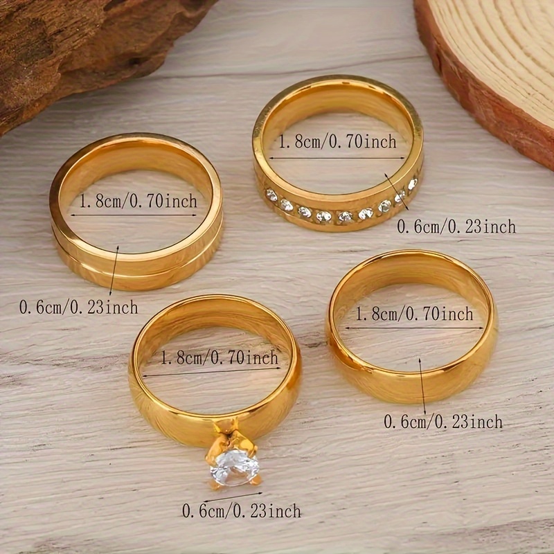 4pcs Stainless Steel Ring Set with Rhinestone Accents