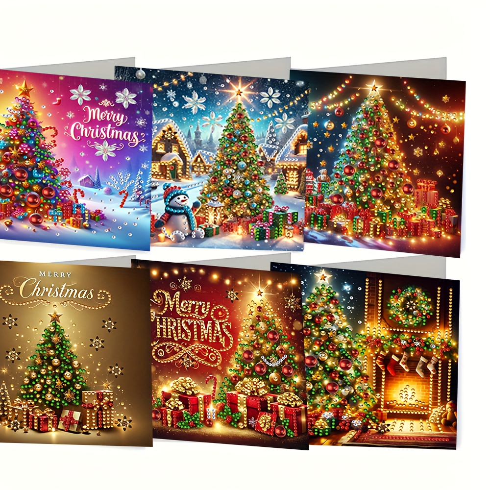 Image of 6pcs Diy Diamond Painting Christmas Cards Christmas Tree Merry Christmas Design Handmade Cards With Envelope Irregular Sparkling Rhinestones Gift For Colleagues Seniors