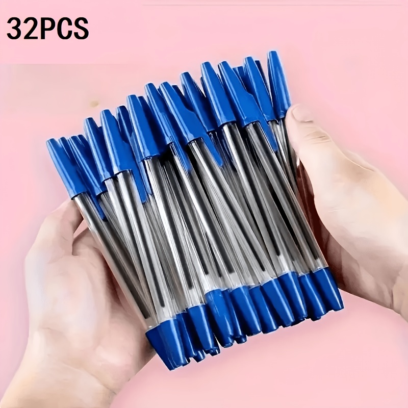 Image of 32-count Quick-dry Ballpoint Pens - Polypropylene Fiber Body With Removable Cap, Medium Point For Smooth Writing, Suitable For Office And School Use, Ages 14+, Black, Red, Blue