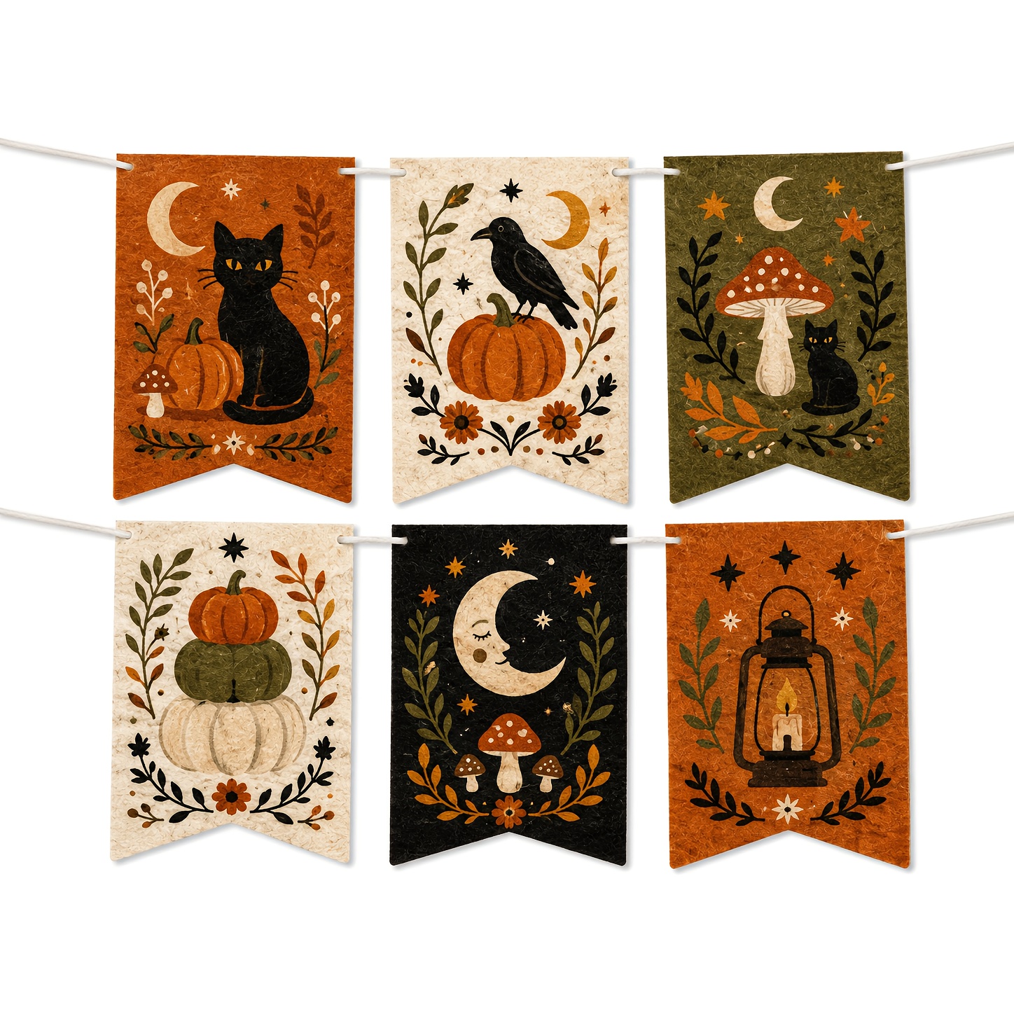 TEMU 6pcs Decor Flag Set Featuring Black Cat Pumpkin Crow Mushroom Moon Lantern For Porch Garden Patio Entryway And Indoor Seasonal Display