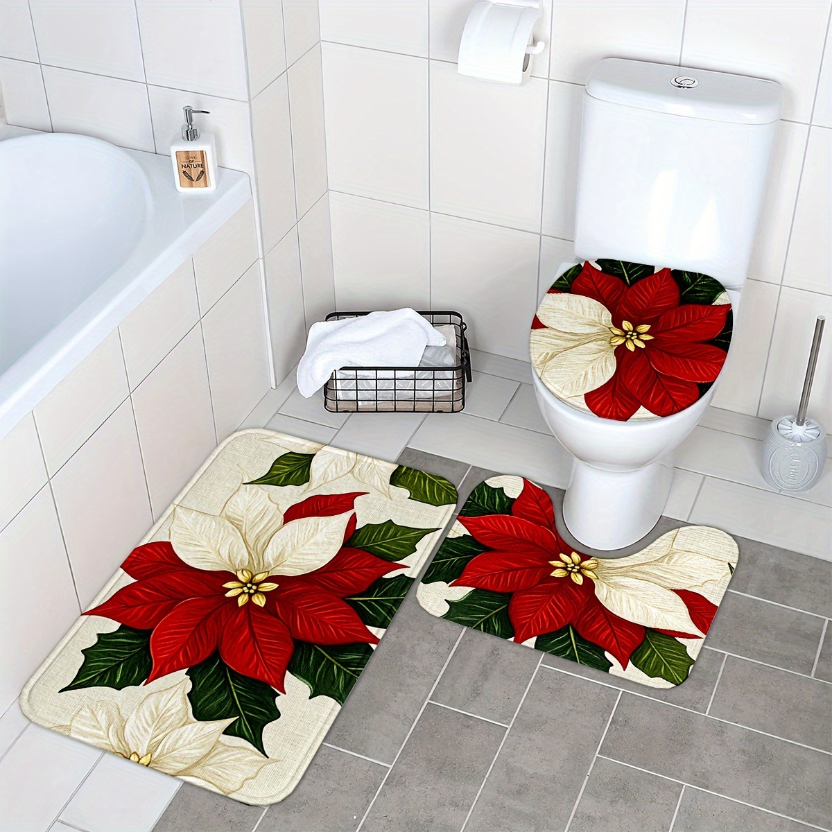 

3pcs/set Christmas Bath Mats Set For Bathroom, Non-slip Washable Floor Rug Decorations For Kitchen Bathroom Bedroom, Set Includes Bath Rug, Contour Mat, And Toilet Lid Cover Mat