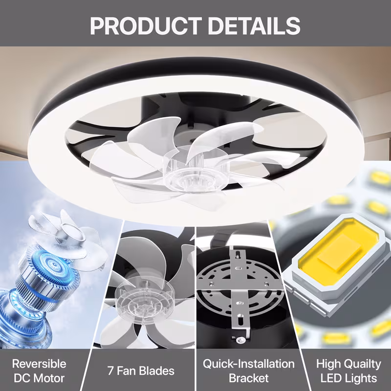 newest led ceiling fan with light control 3 color temperatures 6 adjustable flush mount design for bedroom timer setting wireless control polished bedroom ceiling fan contemporary lighting Product details 7