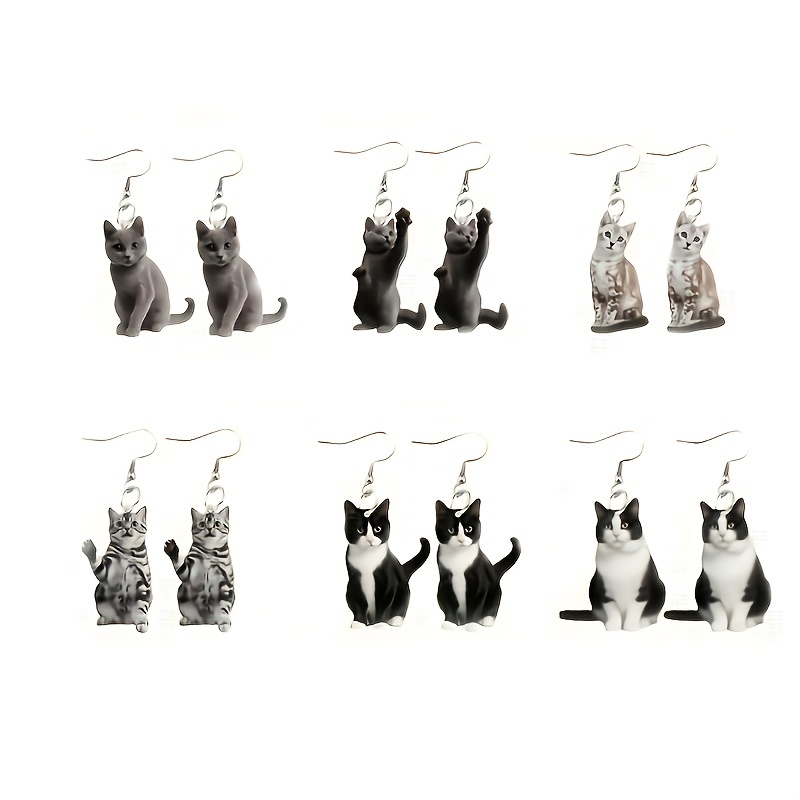 

6 Pairs Cute Cat Pendant Earrings, Acrylic & Iron, Daily & Gift , No Feather, All , Cat Lovers