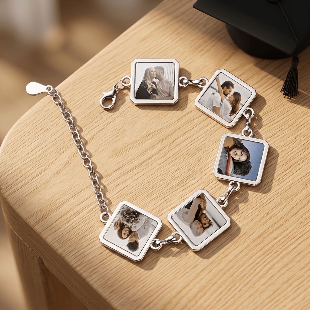 TEMU Personalized Photo Adjustable Square Bracelet, Customizable With 5 Photos, Mother's Day Gift For Mom, Graduation Gift For Him, Unisex For Women