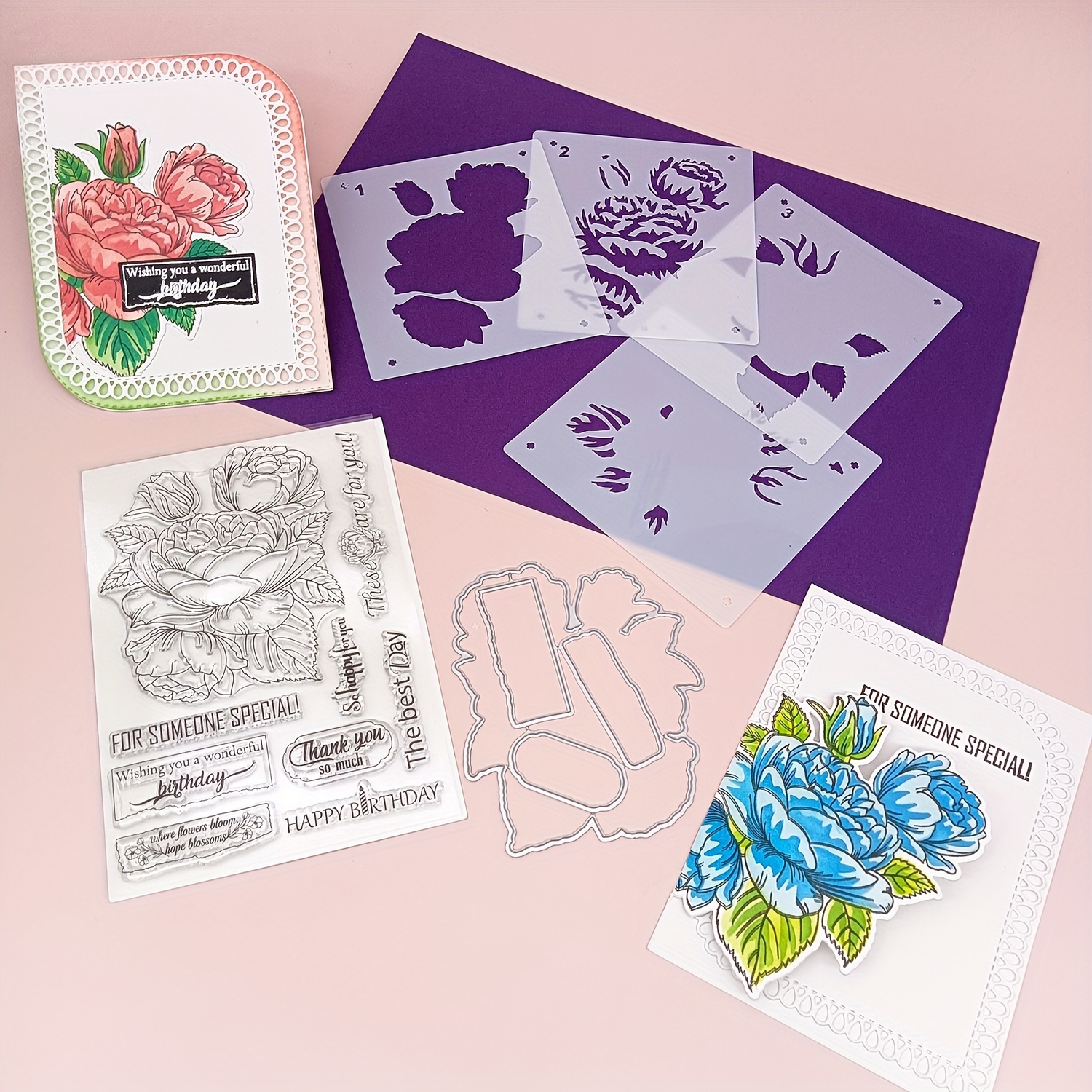 

Alinacutle Peony Flower Layering Stencils & Clear Stamp Set With Metal Die For Diy Scrapbooking And Handmade Greetings Crafting - 1 Stamp, 4 Stencils, 1 Die, Decorative Templates For