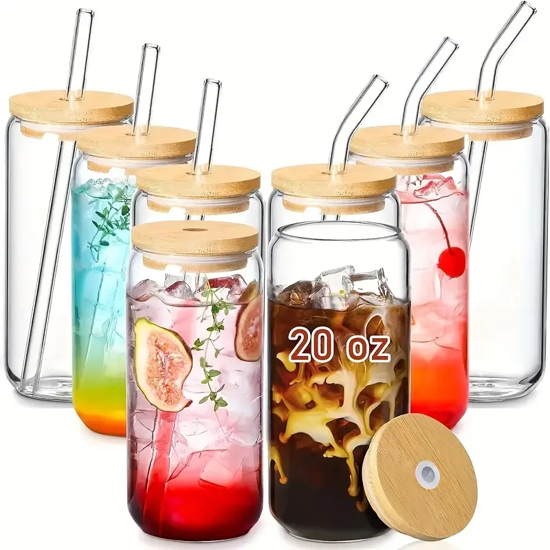 8pcs glass set 20oz coffee mug with lid straw mason jar mug glass with bamboo lid cute mug reusable holiday gifts souvenirs bbq drinking mugs Product details 0