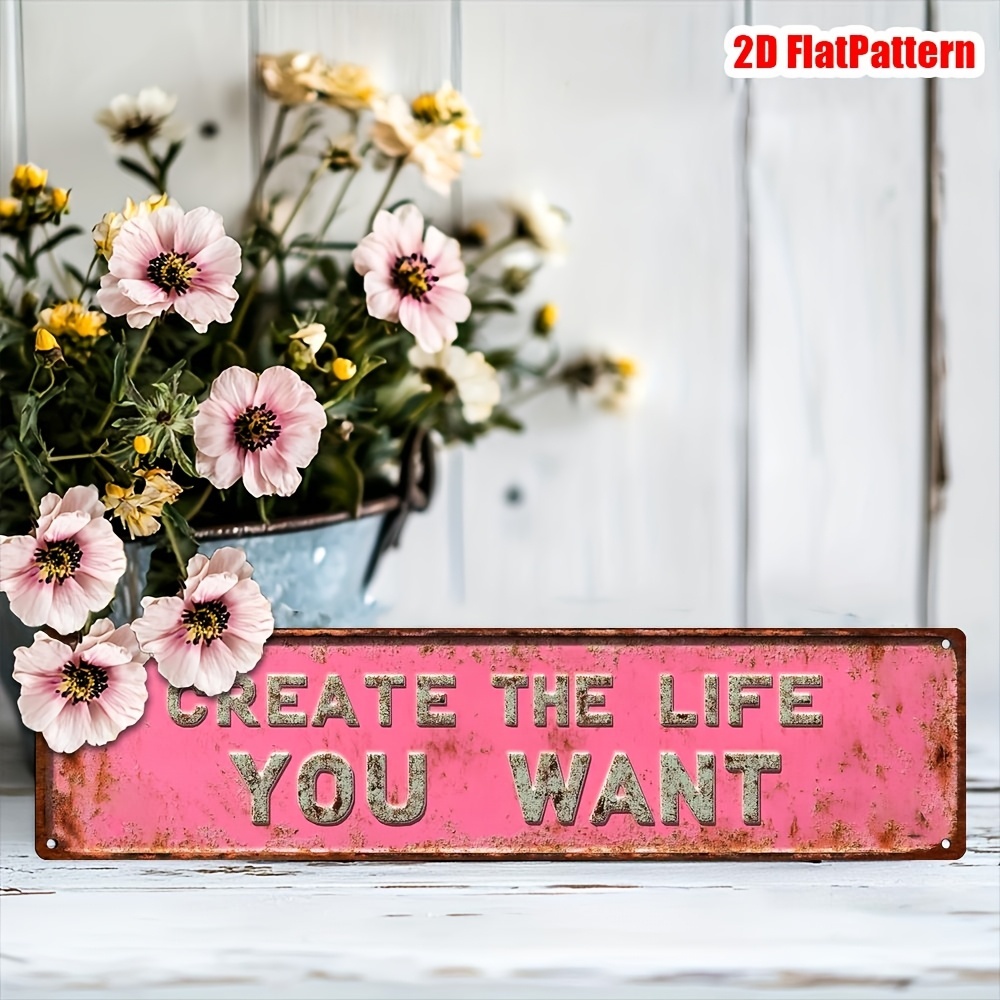 TEMU 2D Platte Enkele Retro-Stijl "Create " Houten Wanddecoratie - Nep Verouderd Roze En Inspirerend Ornament, Zware Roze Retro Stijl, Geschikt voor