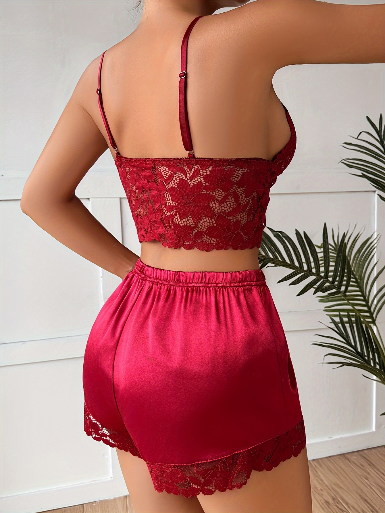 Floral Lace Satin Lingerie Set Hollow Out Cami Top Shorts - Temu Italy