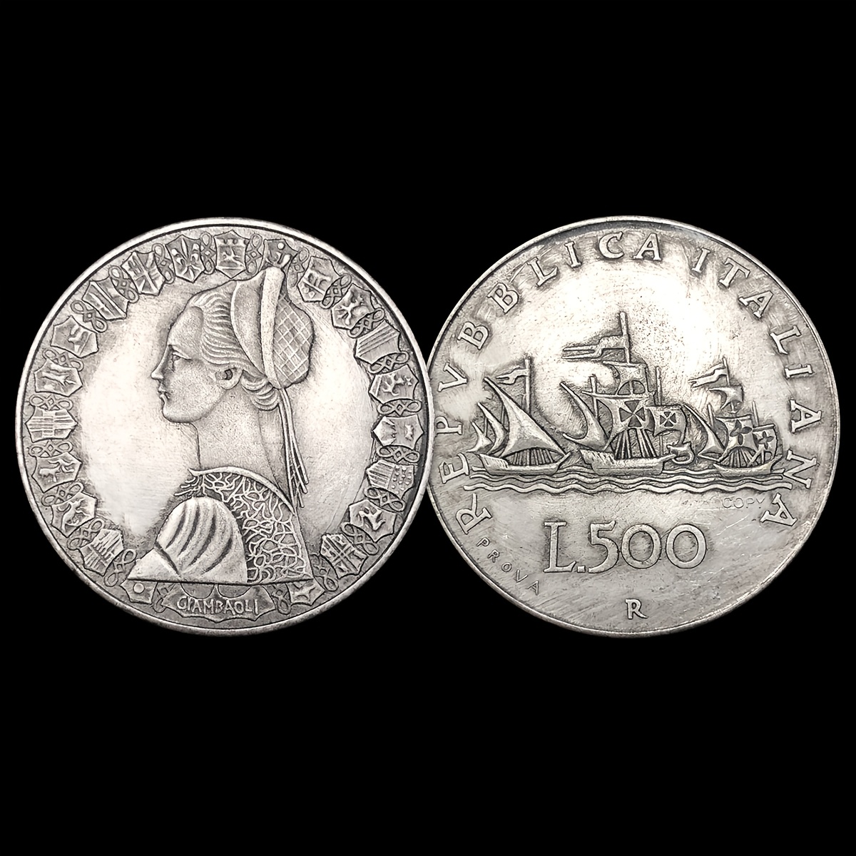 реплика монеты винтажная итальянская ренессансная девушка & парусник колумба 500 лир - антикварная коллекционная, творческий декор подробные сведения 0