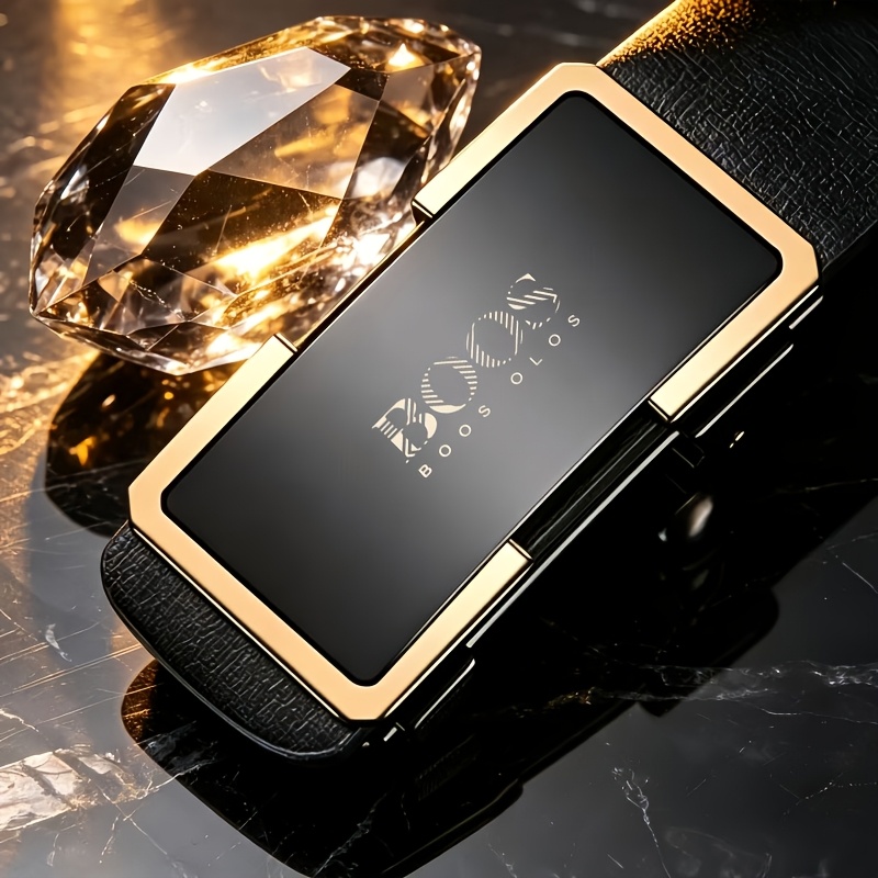TEMU Boos Logo Men's Belt, Premium Pvc Material, Alloy Automatic , Black Style, Suitable For Suit/jeans, Adjustable Length, Ideal Father's Gift