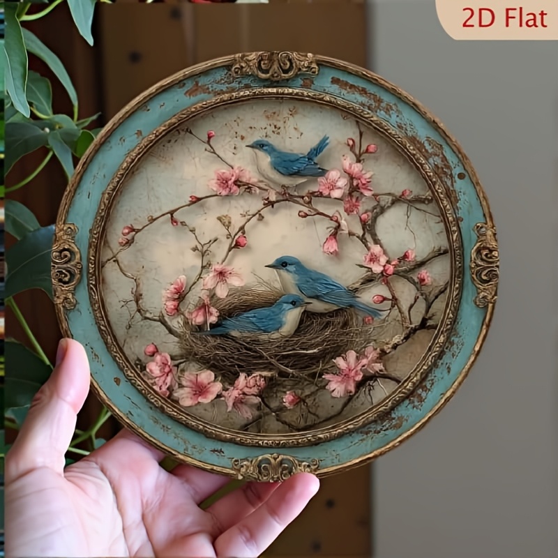 TEMU 2d Flat, 2d Flat Wooden Vintage Bluebird And Bird Nest Round Wooden Wall Decor For Indoor/outdoor Use, Durable Wooden Bird Nest With Flying Bird