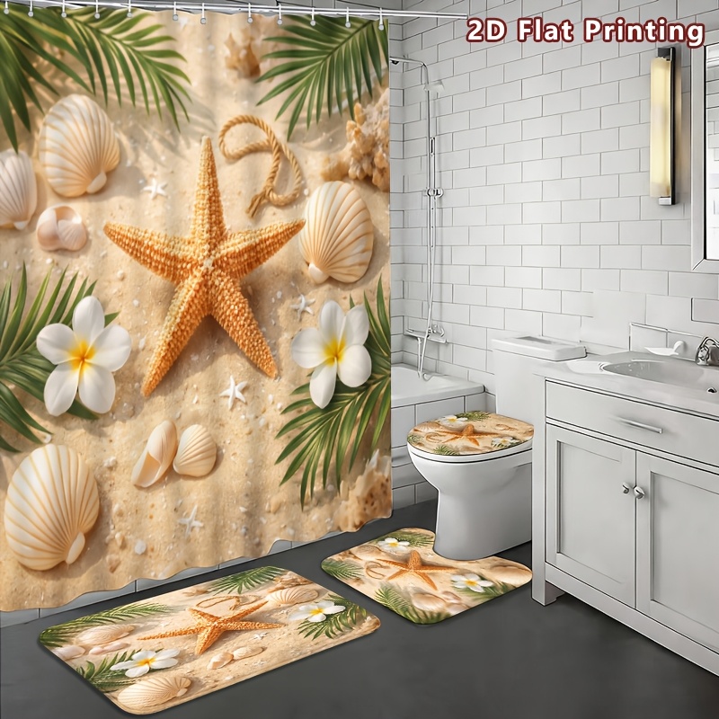 4pcs Summer Beach Shower Curtain Set with Bath Mat