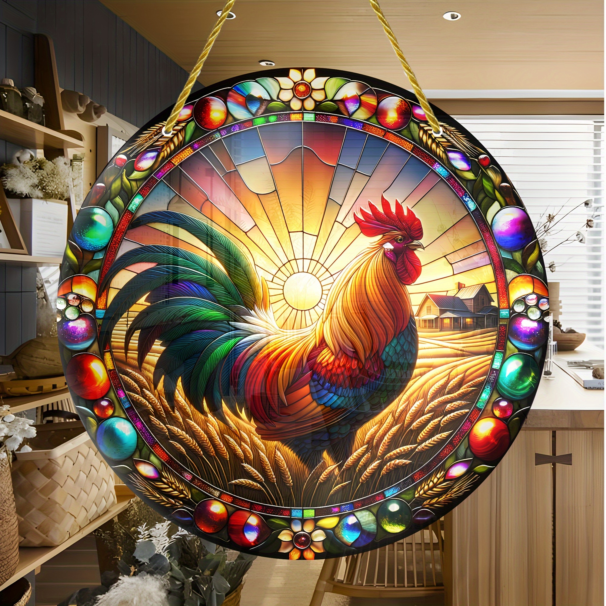 

Rooster Stained Glass Suncatcher Farmhouse Decor - 8" Round Hanging Sun Catcher For Indoor/outdoor Wall Art, Wreath Ornament For Foyer, Bedroom, Office, Patio Home Decoration - Housewarming Gift