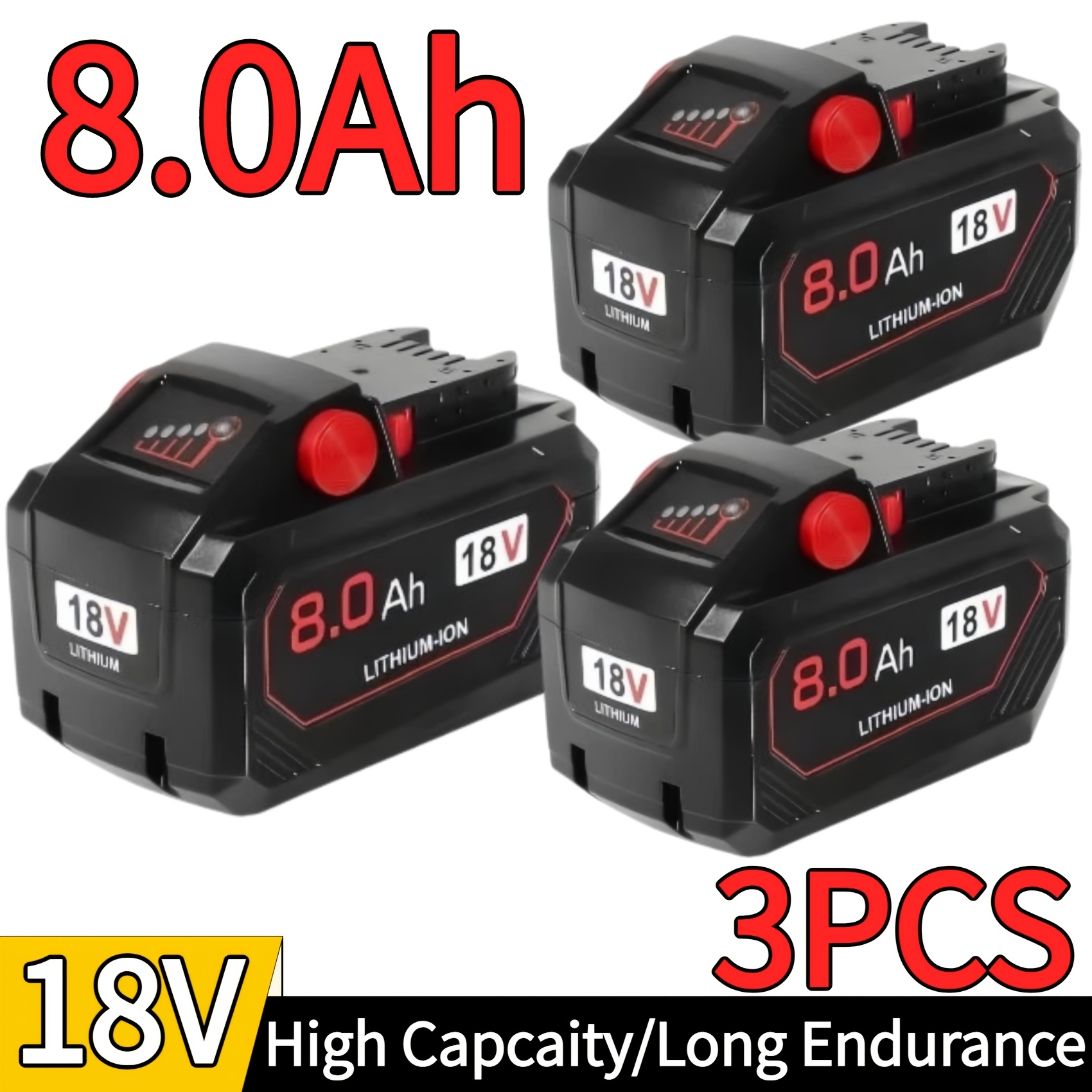 TEMU 3pcs 18v 8.0ah Lithium-ion High-capacity Replacement Battery, Replacement For Battery Compatible With For 18v Battery Cordless Power Tools