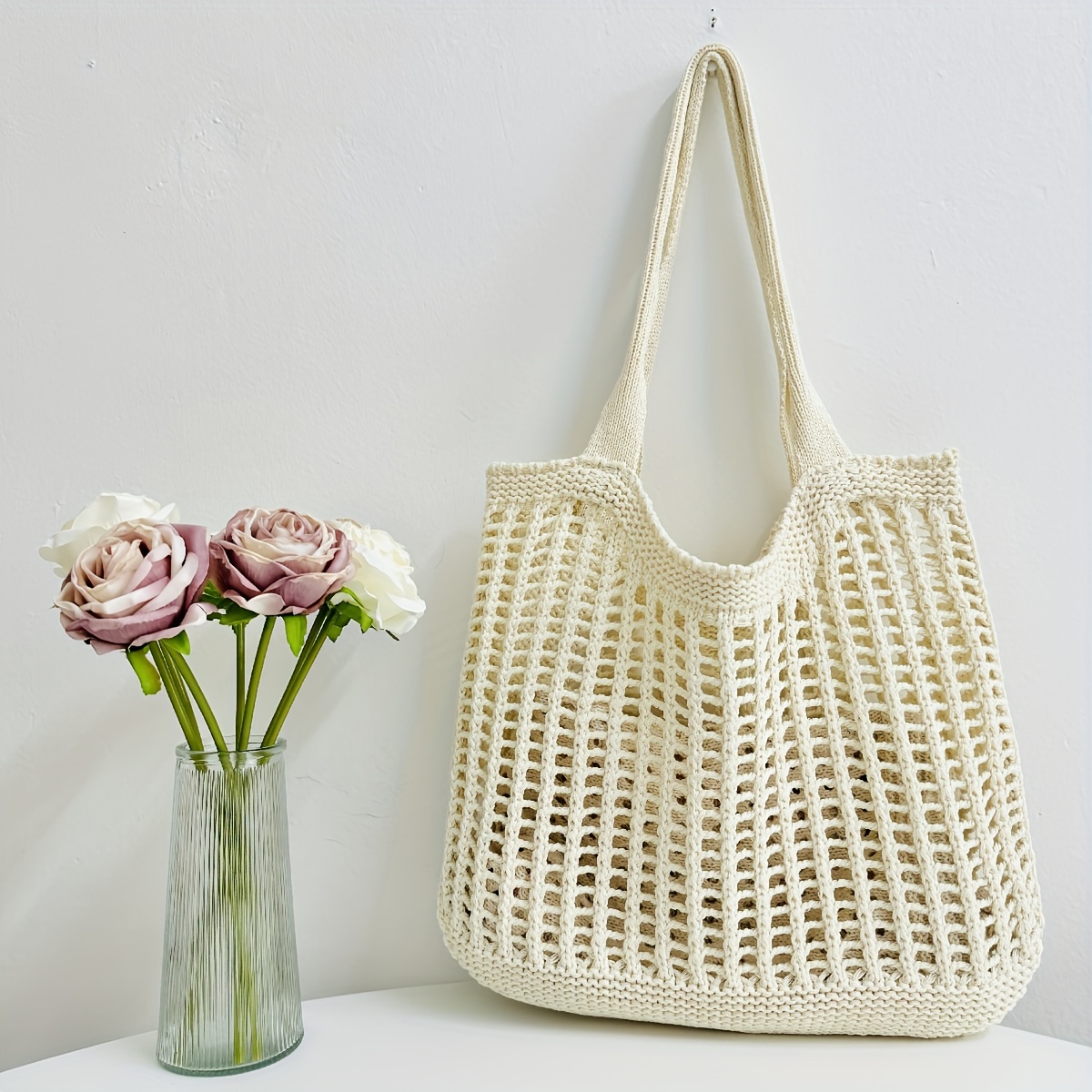 

Vintage Simple Hollow Knit Tote Bag, Fashionable Women's Shoulder Beach Bag, Crochet Woven Handbag