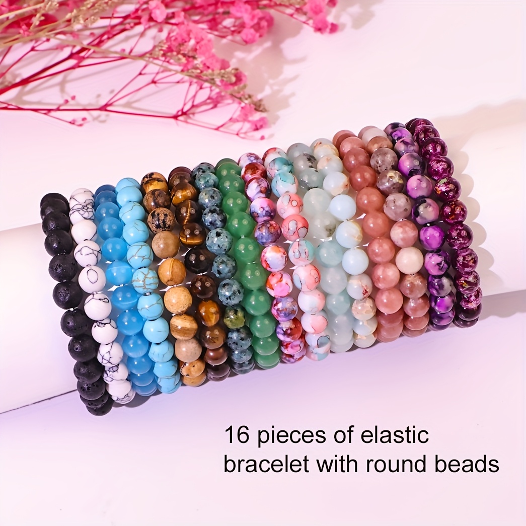 Image of 16pcs Fashionable Natural Stone Beads Bracelet - 8mm Round Elastic String Bracelet - Suitable For Men And Women, Ideal For Leisure, Gifts, And To - Fashionable And Attractive