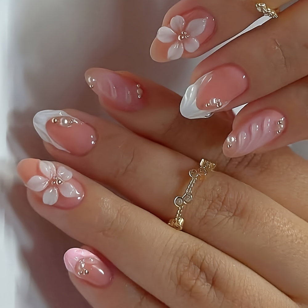 TEMU 27pcs (including Additions) Short Oval Nail Stickers, Pink French Style With Nude Pink Rhinestone Design Press-on Nails Floral French Wearable