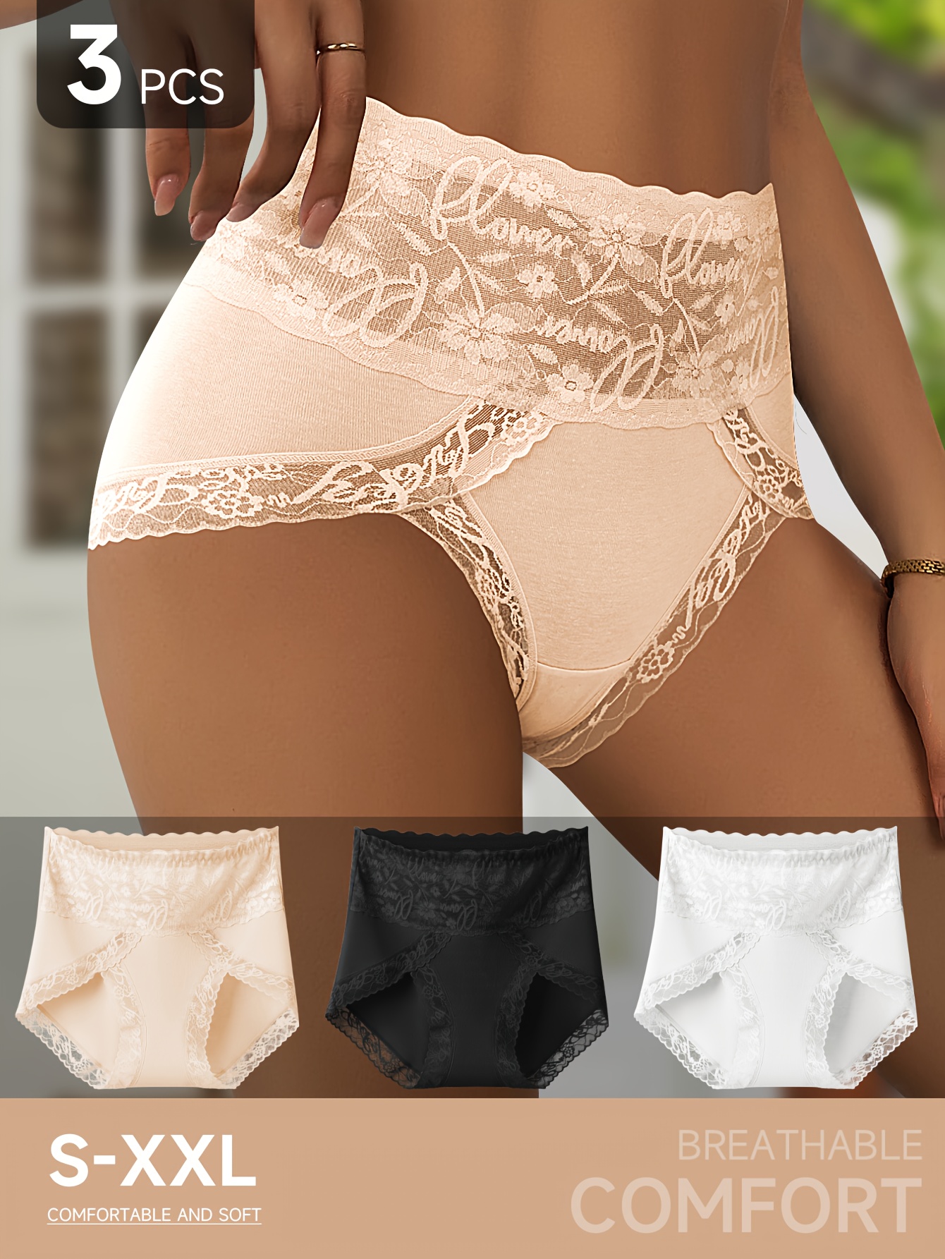 3 pack high waist lace womens panties with tummy control and   lifting floral mesh trim ultra soft fabric breathable   deformation non constricting waist   panties
