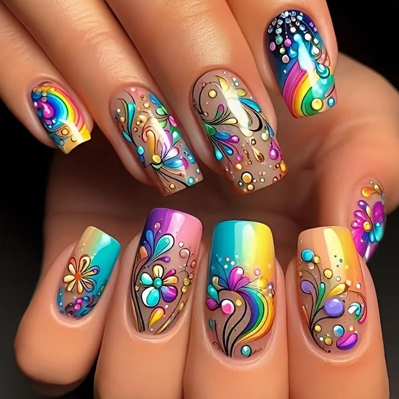 TEMU Medium And Long European Square-shaped Nail Art Tips. Fashionable Nail Art With Colorful For Year. New Style For Spring, With 24pcs In 1 Pack