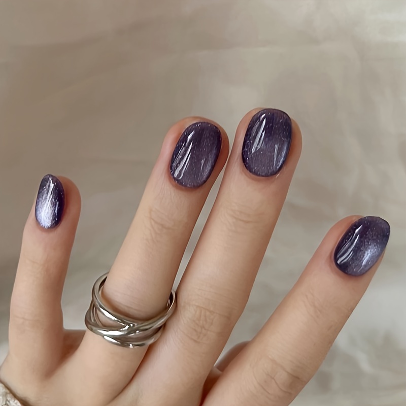 

Vintage Glitter Purple Cat Eye Nail Wraps - 24 Pieces Of Short Oval Shaped False Nails With A Shiny Finish, Perfect For Everyday Wear And Waterproof