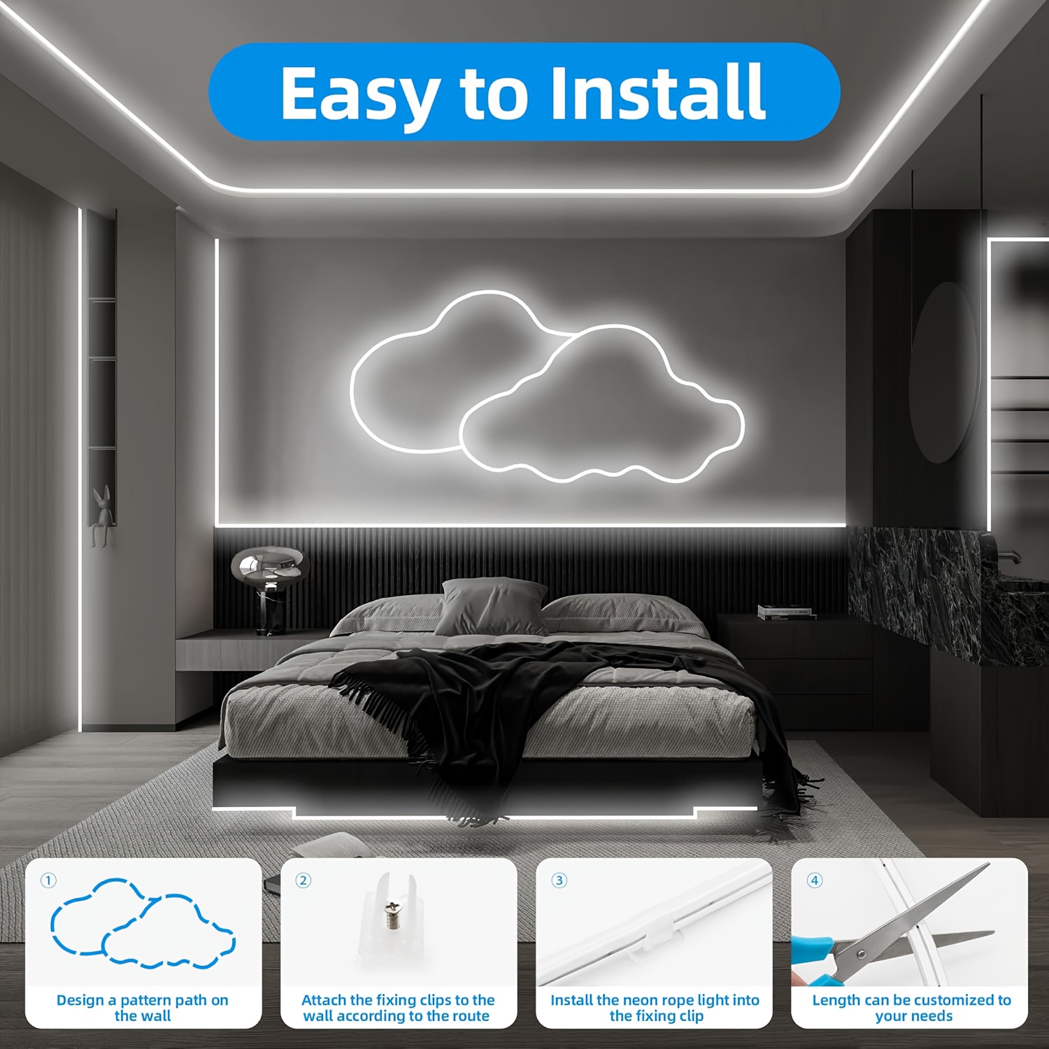 Tira de luz LED de neón inteligente con control táctil, blanco cálido/blanco, 100.0 cm/200.0 cm/299.97 cm/5.0 metros, alimentación por USB, regulable, para bricolaje, flexible y cortable, apta para uso interior/exterior, espejos, televisores, computadoras, armarios, escaleras, decoraciones de fiesta - Imagen 6