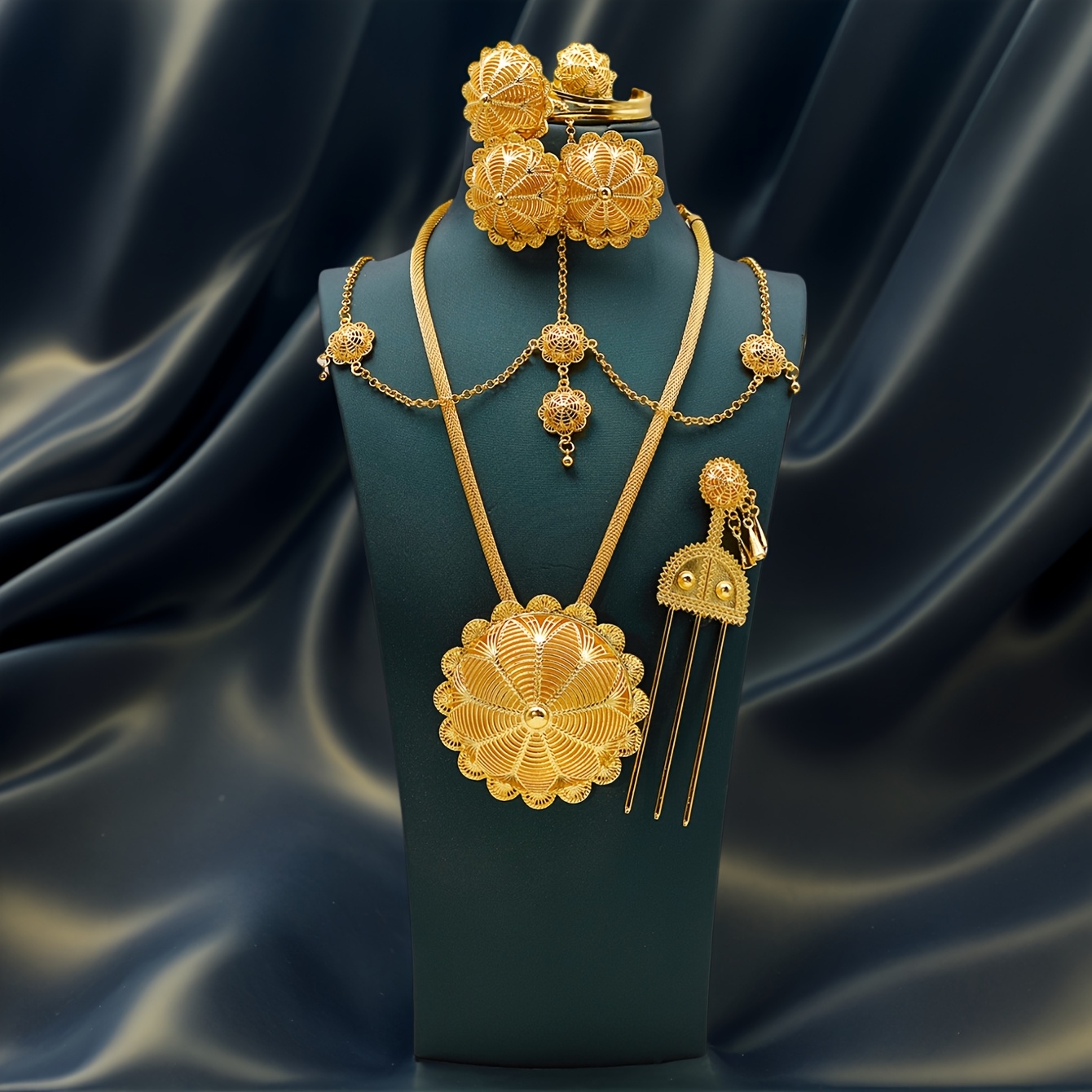 TEMU Middle Eastern Luxury High-quality Heavy-duty Hollow-out Flower Necklace + Headband + Hairpin + Ring + Bracelet + Earrings Set, Dubai Turkish