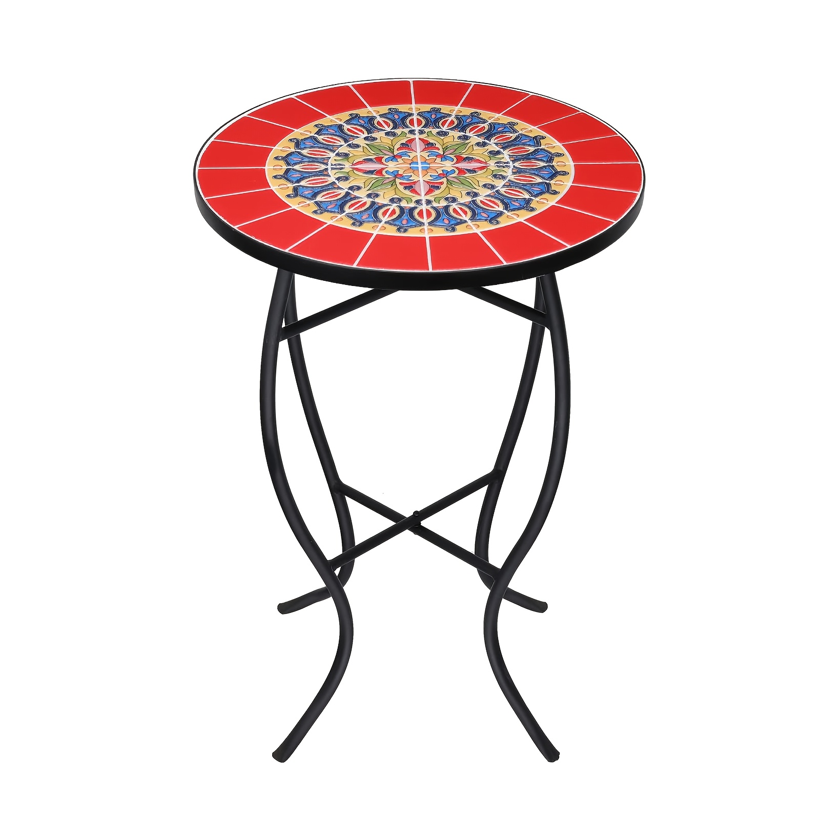 14-inch Round Red And Blue Mosaic Side Table With Metal Frame For Indoor Or Outdoor Use