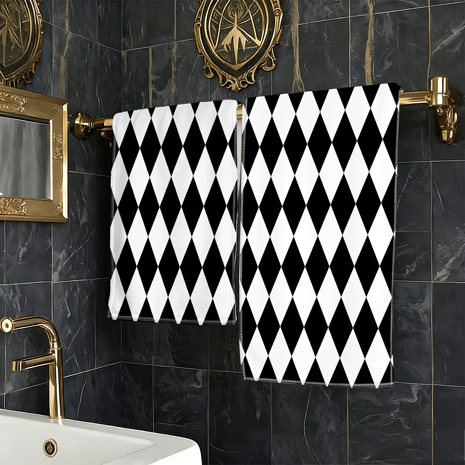TEMU 1pc Black And White Diamond Checkered Theme Hand Towel, Unique 2d Printed Design, Soft Absorbent Quick-dry, Non-fading, Thickened, Suitable For