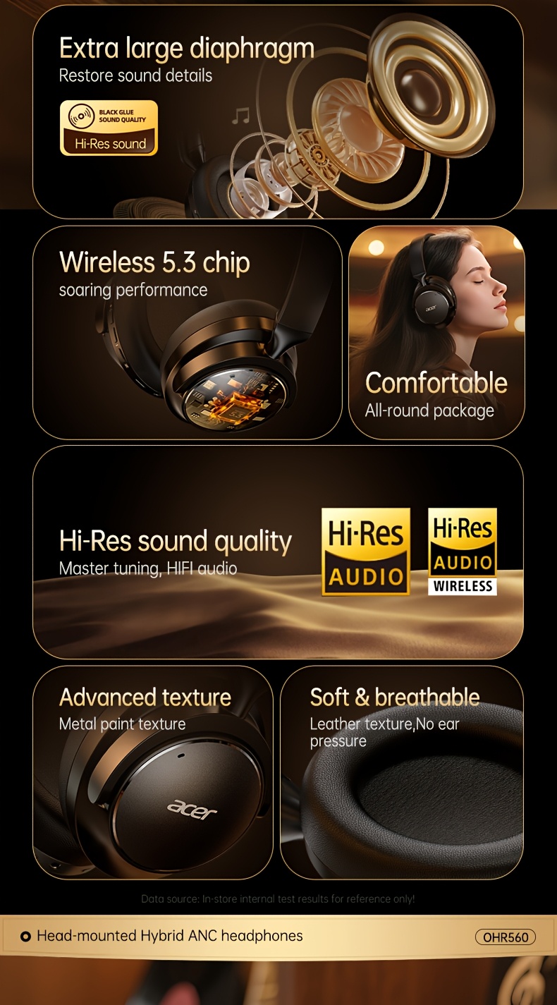 Casque sans fil Acer Ohr560 | Circum-aural avec suppression du bruit ANC, conception d'oreille à couverture complète, pliable, microphone à condensateur intégré, son stéréo Hi-Fi, réduction du bruit des appels HD ENC, compatible avec câble audio 3,5 mm, chargement USB